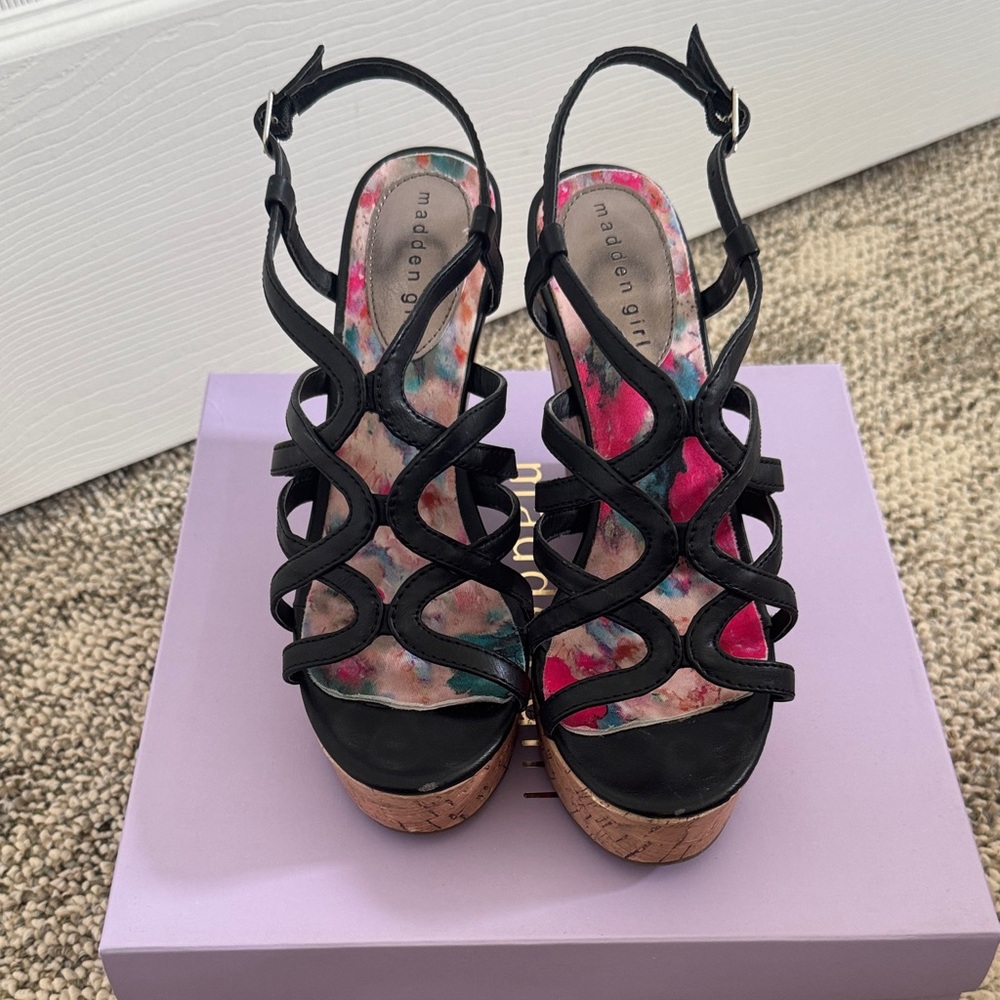 Madden Girl Black Strappy Wedge Sandals